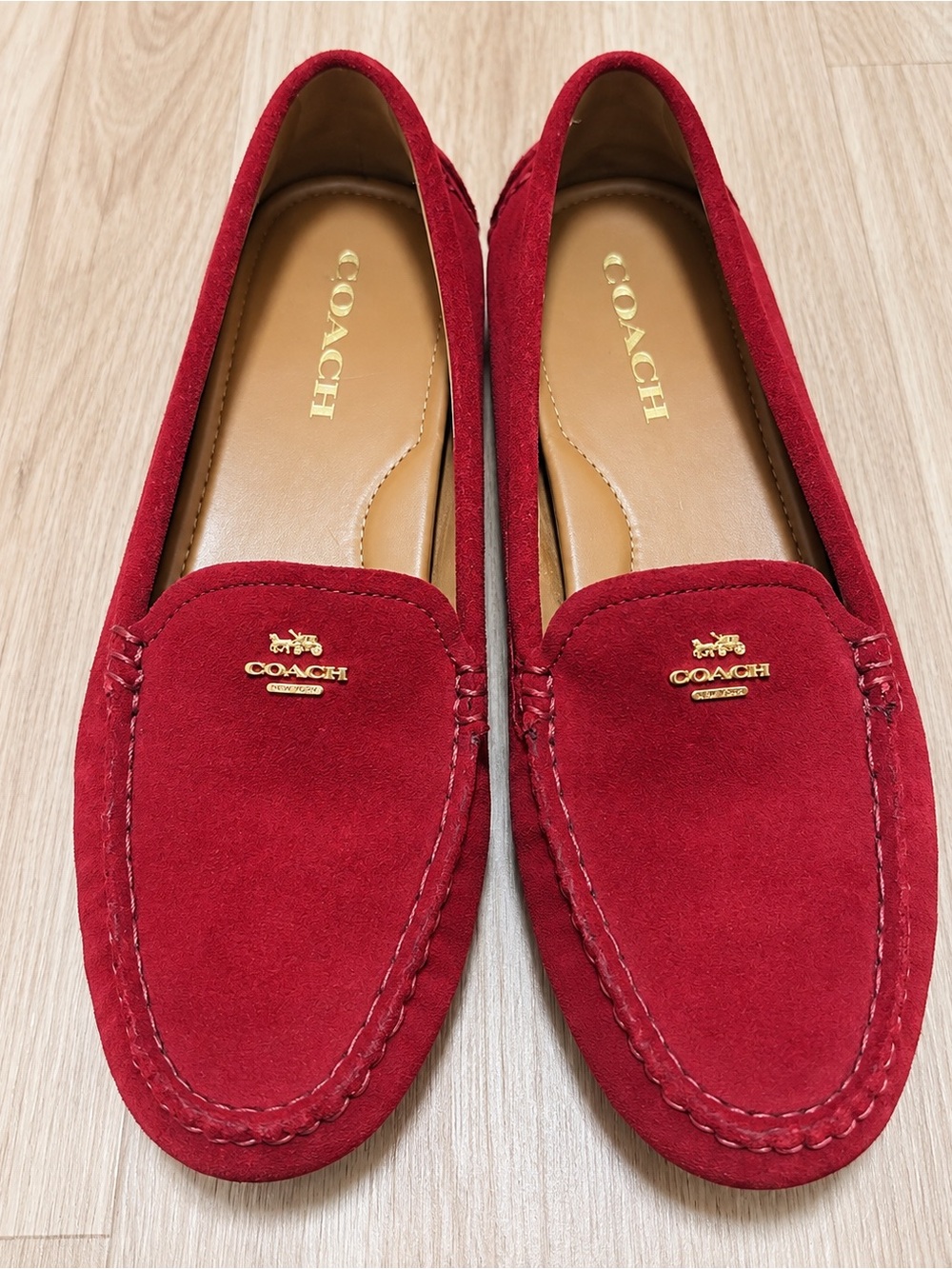Coach Red Suede Penny Loafers with Gold Logo